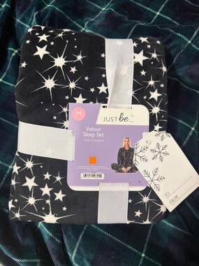 just be Black Velour Star Print Sleep Set